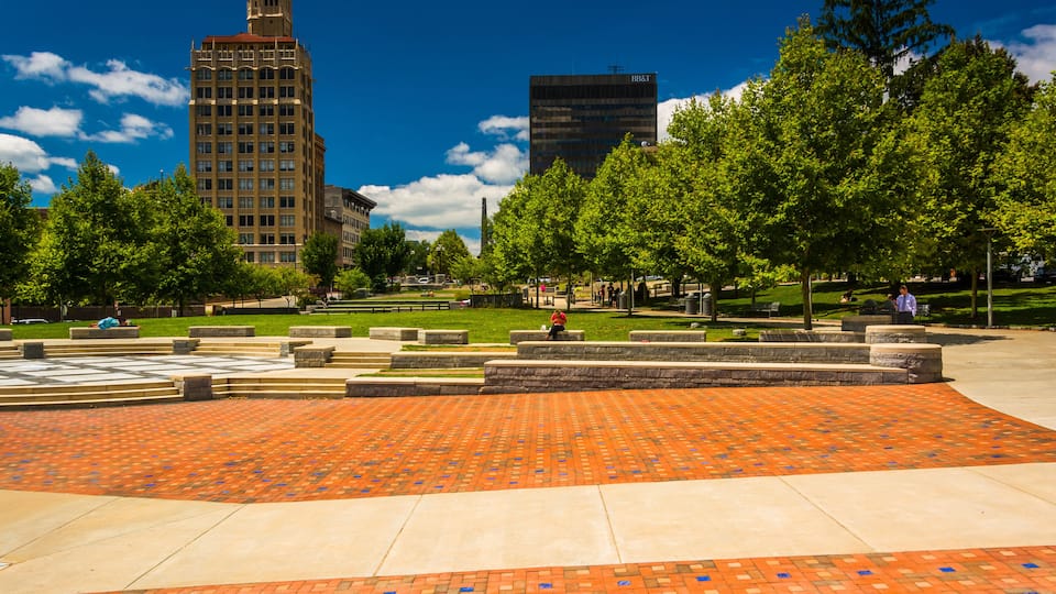 Pack Square Park and highrises in Asheville, North Carolina.