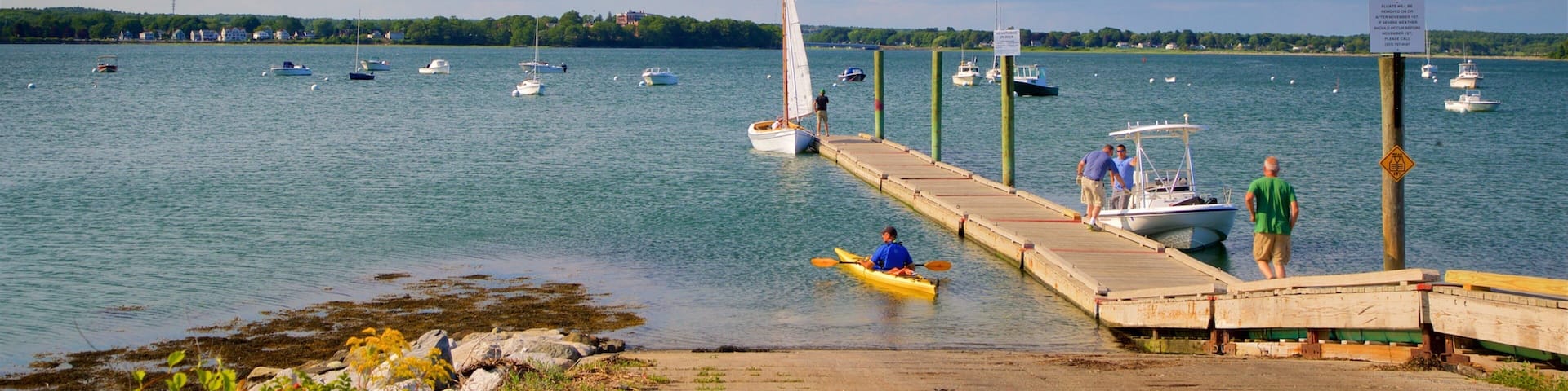 Eastern Promenade showing a bay or harbor and general coastal views as well as a small group of people