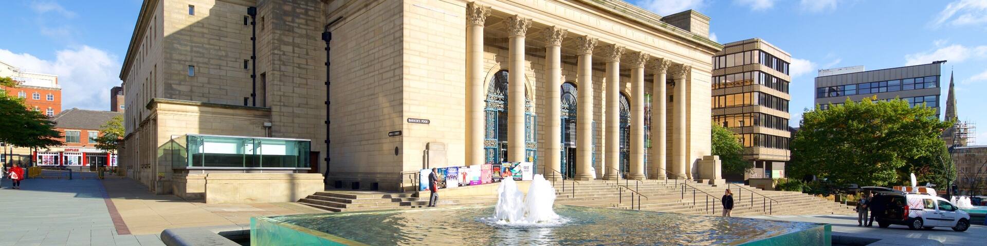Sheffield City Hall showing a fountain, theater scenes and heritage architecture