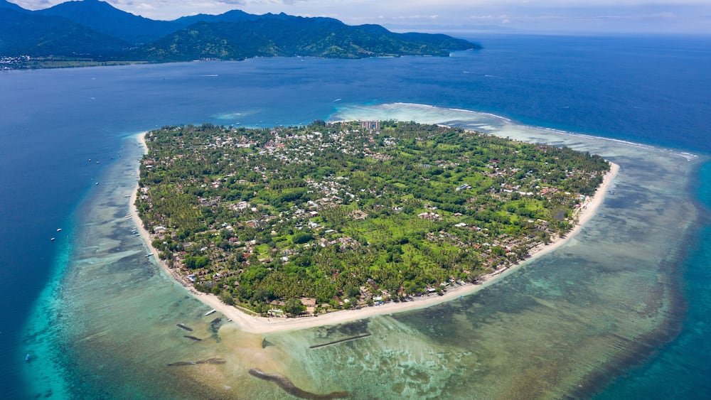An aerial view of a small island with a dense forest, clear blue waters, and a sandy beach.