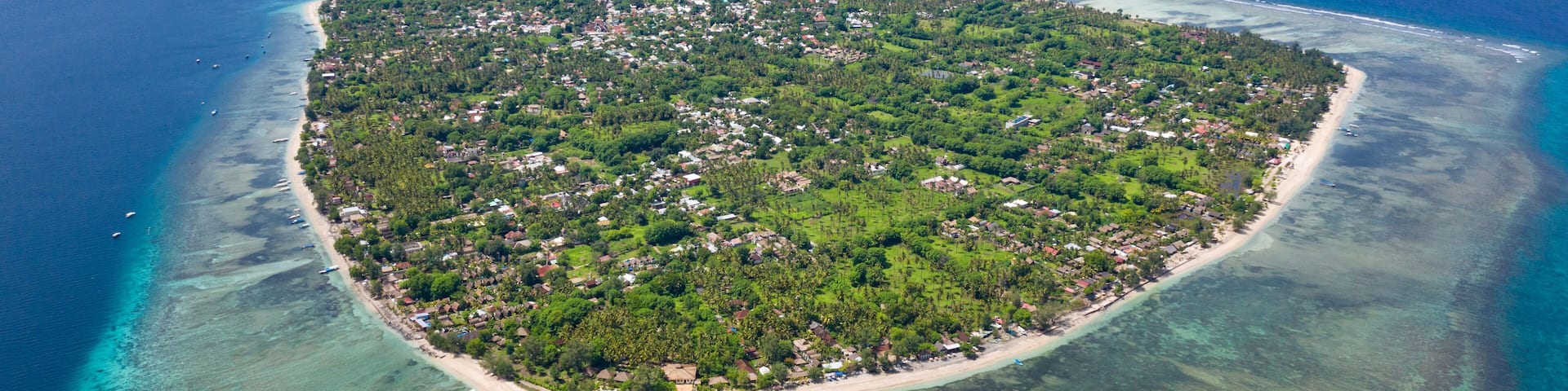 An aerial view of a small island with a dense forest, clear blue waters, and a sandy beach.