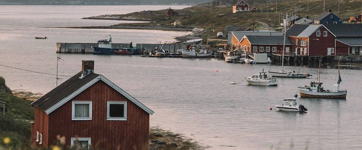 A coastal village with houses by the water, boats, and a distant mountain.