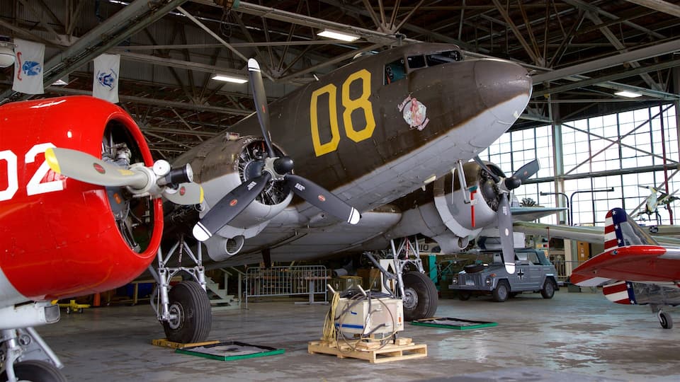 A vintage military aircraft with the number 08 on its fuselage, displayed in a hangar with other aircraft and equipment.