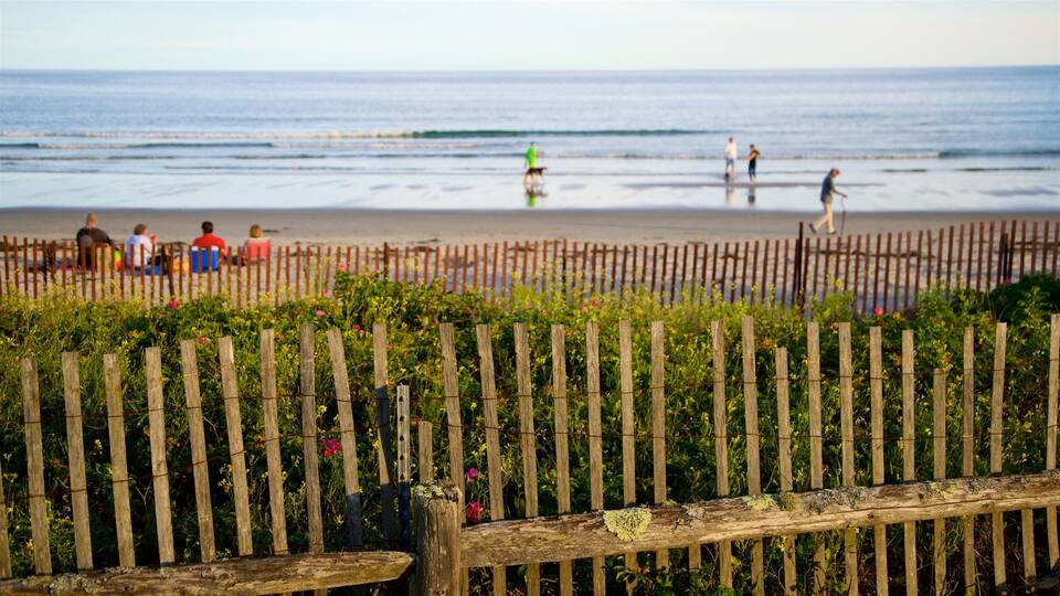 Een strand met een houten omheining op de voorgrond, mensen die in het water lopen en spelen, en een heldere lucht.