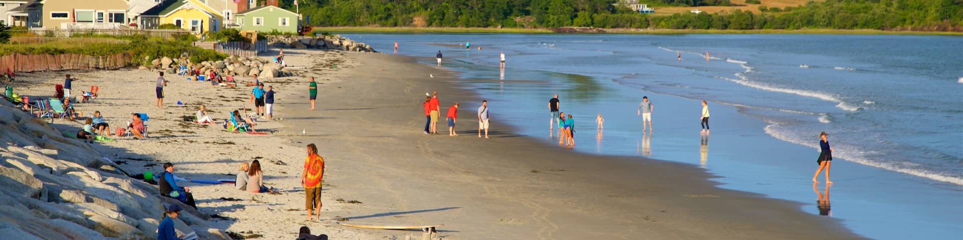 Higgins Beach og byder på en strand og udsigt over kystområde såvel som en lille gruppe mennesker