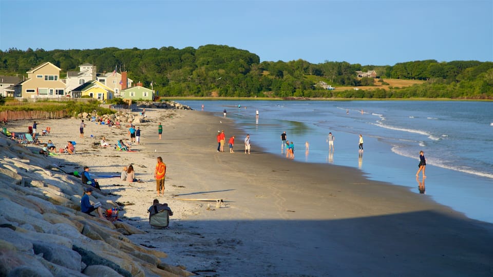 Higgins Beach showing general coastal views and a beach as well as a small group of people
