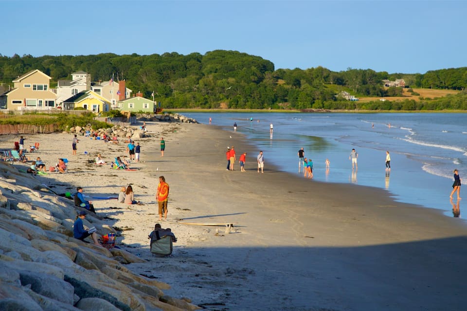 A sandy beach with people sunbathing and swimming, surrounded by houses and greenery.