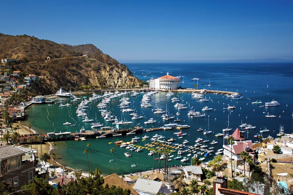 A coastal town with a marina filled with boats, a lighthouse, and a hill with buildings.