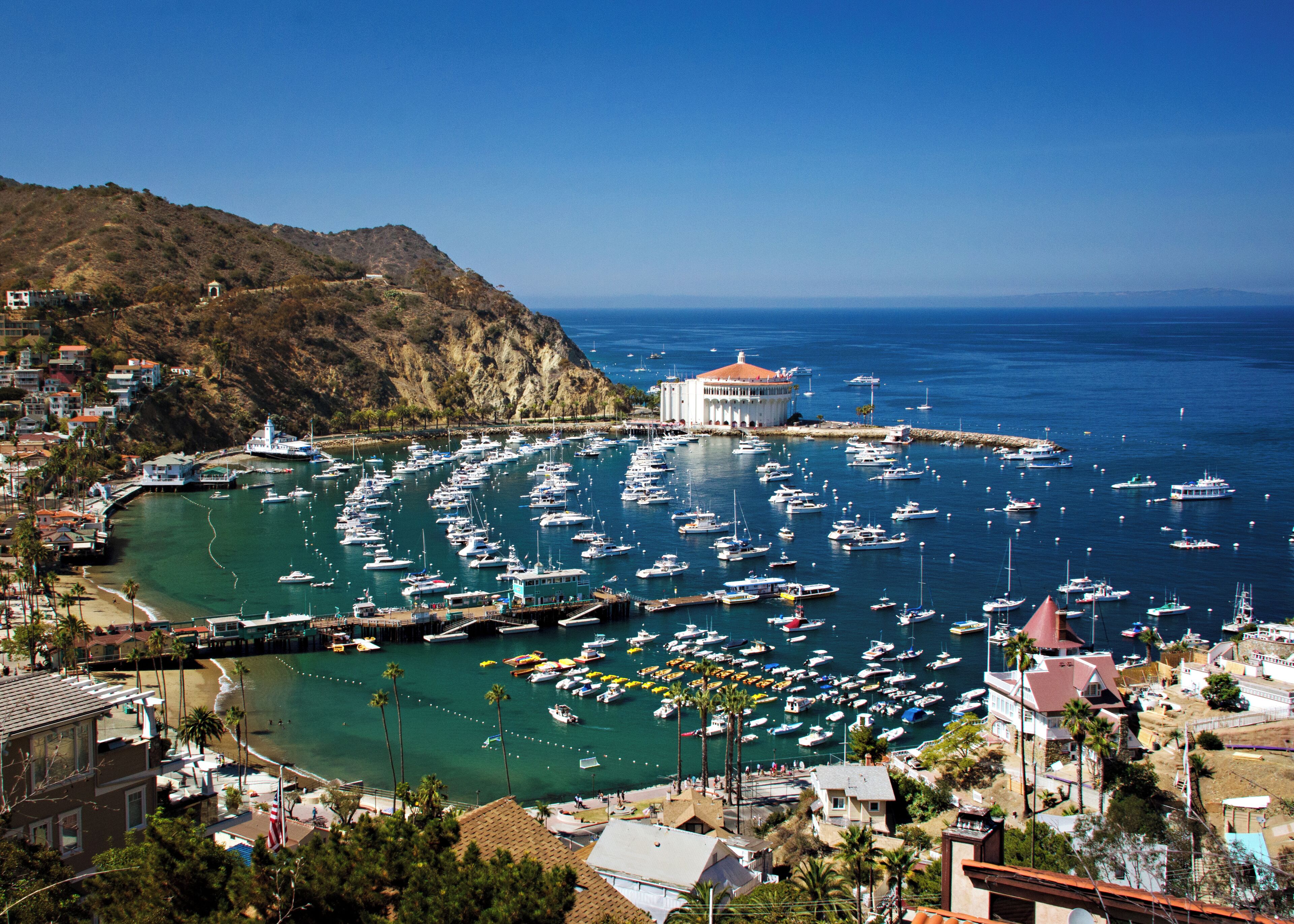 A coastal town with a marina filled with boats, a lighthouse, and a hill with buildings.
