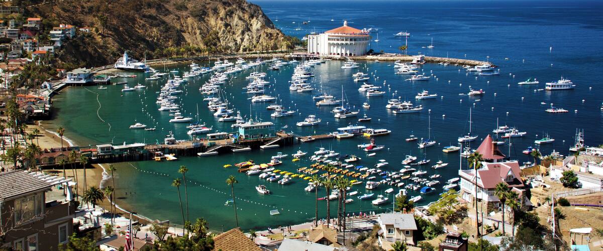 A coastal town with a marina filled with boats, a lighthouse, and a hill with buildings.