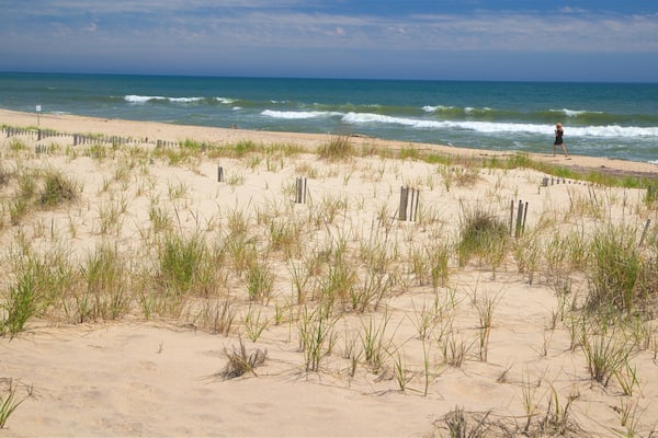 Ein sandiger Strand mit Gras und Holzpfählen, im Hintergrund das Meer.