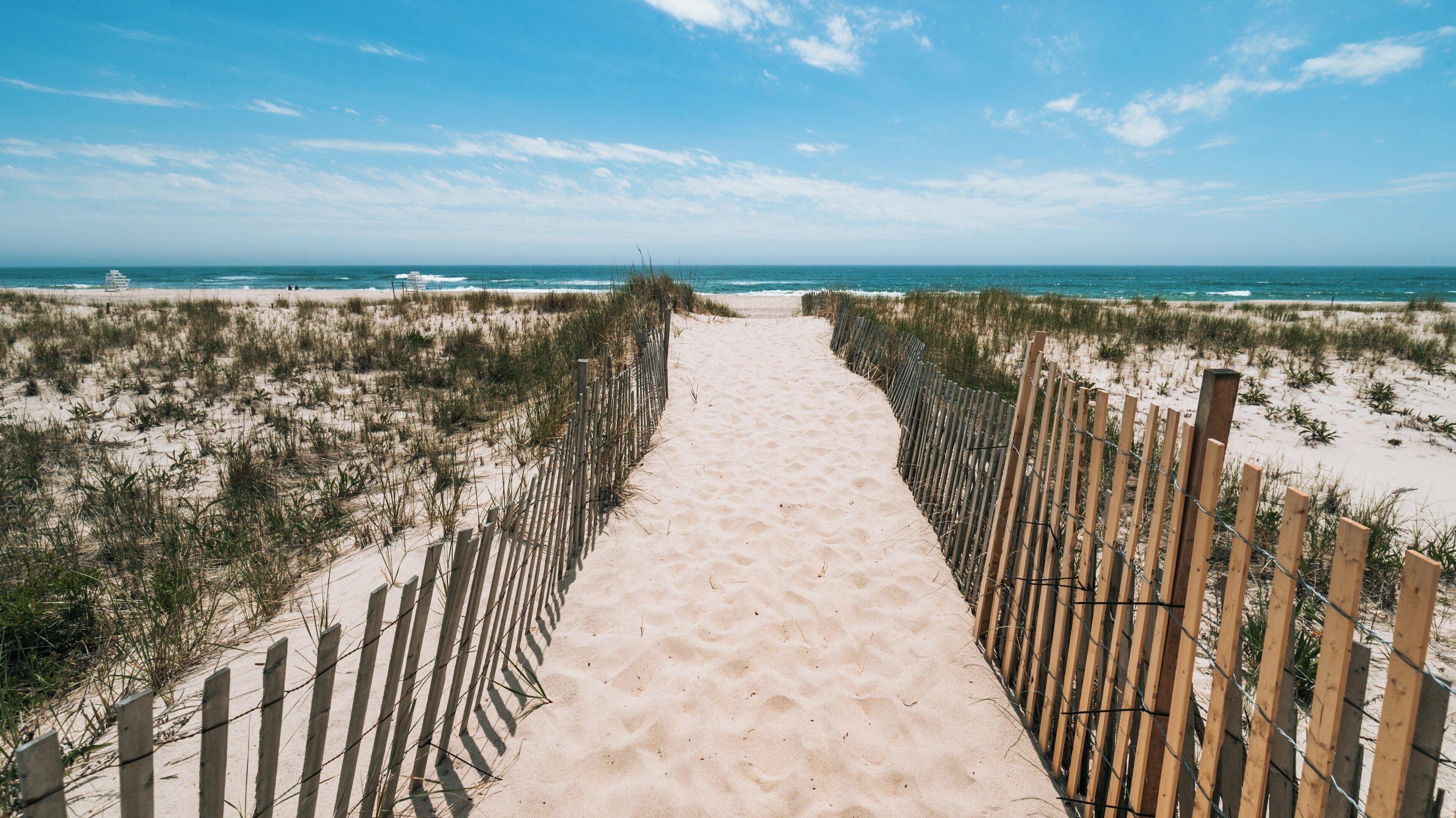 Tranquil pathway leading to Ponquogue Beach in Southampton, New York on a sunny day with a clear blue sky and gentle ocean waves