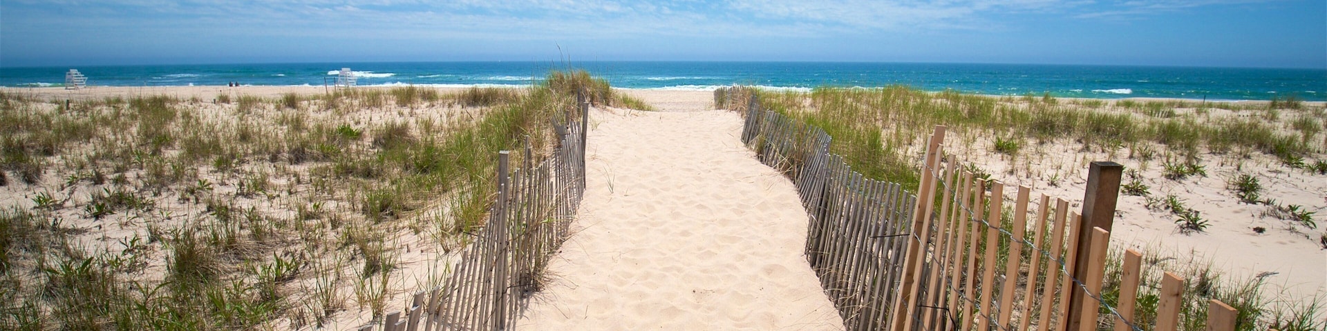A sandy beach path with wooden fences on either side leading to the ocean.