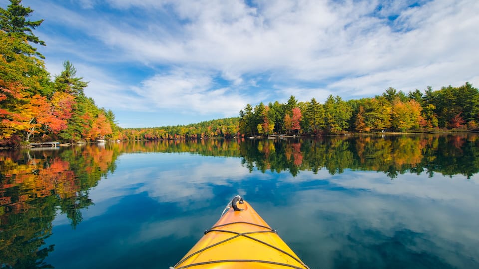 A calm lake with a kayak in the foreground, surrounded by trees with autumn foliage.