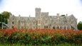 A large stone building with a turret and multiple windows, surrounded by a garden of red roses.