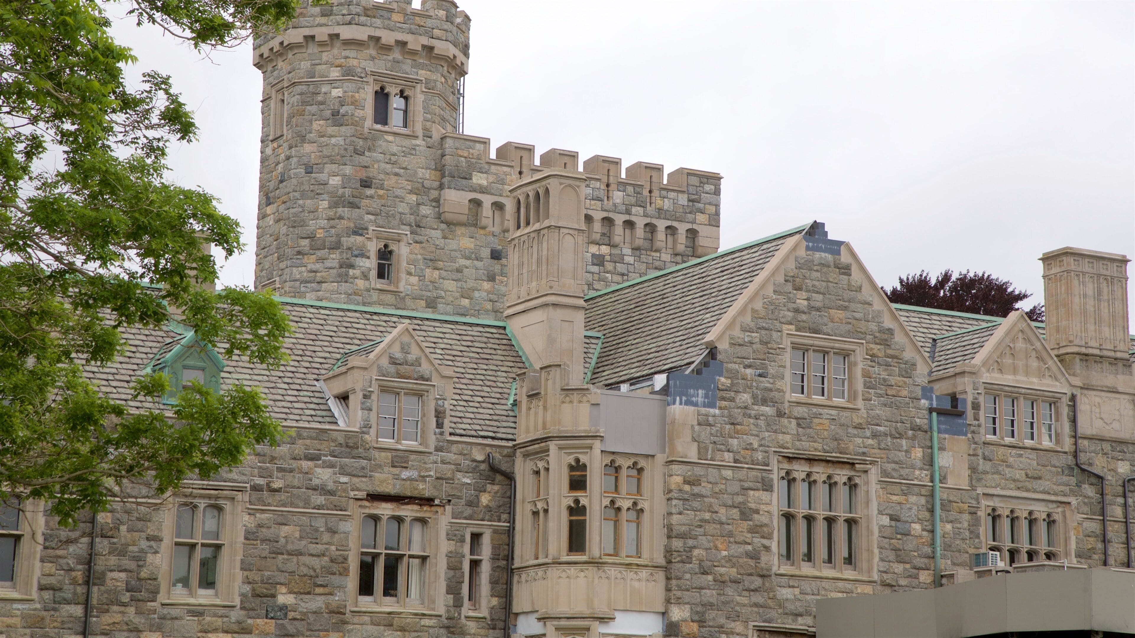 A large stone castle with a prominent tower, multiple arched windows, and a green roof.