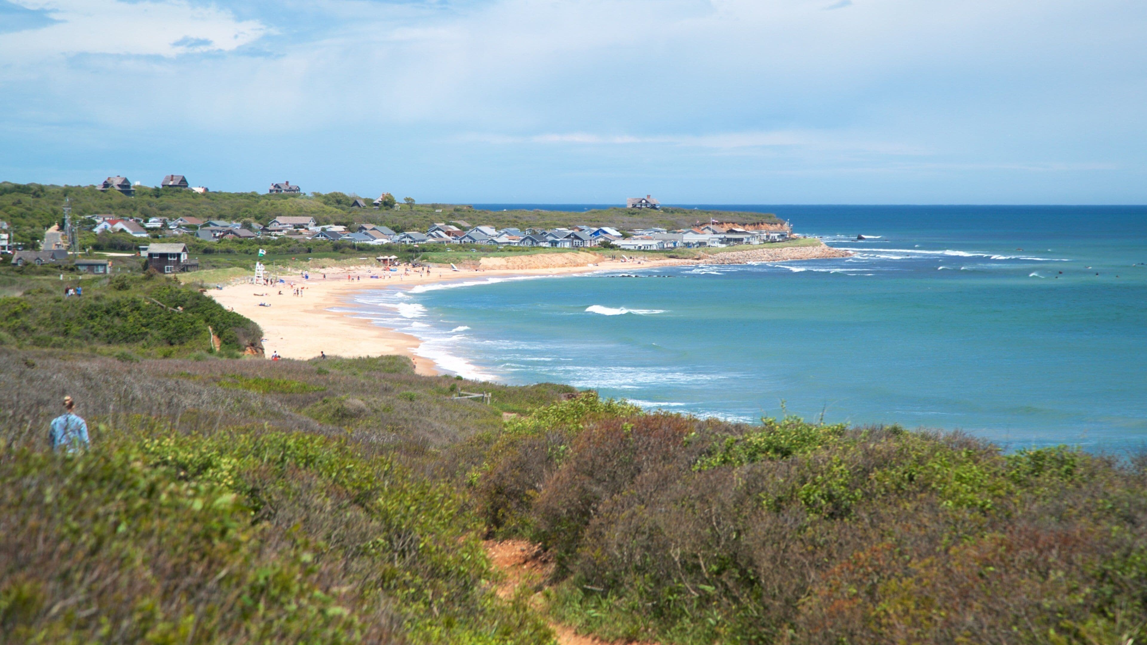 A coastal landscape with a sandy beach, ocean waves, and houses on a hillside.