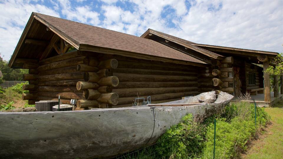 A log cabin with a steeply pitched roof and a large wooden boat in front.