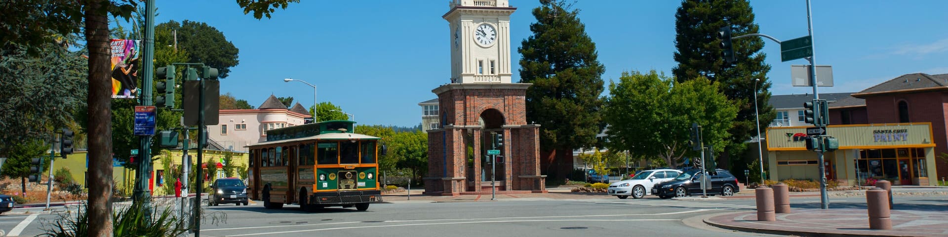 CWFJJA USA California CA Santa Cruz clock tower and trolley on Pacific Avenue