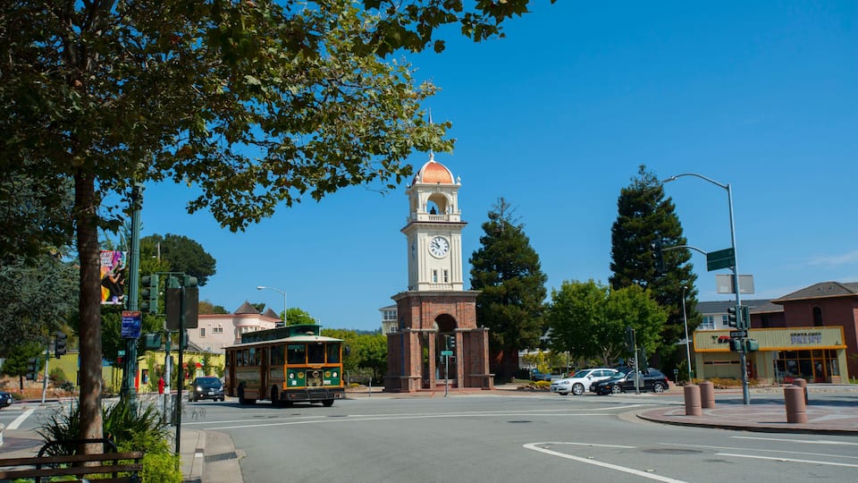 CWFJJA USA California CA Santa Cruz clock tower and trolley on Pacific Avenue