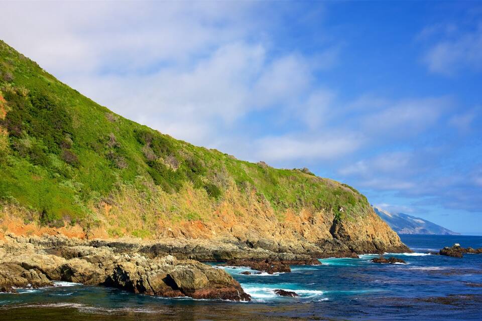 A coastal landscape with a steep green hillside, rocky shoreline, and ocean waves.