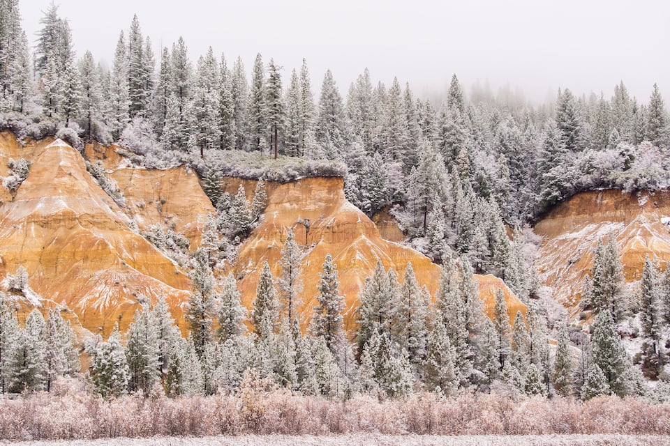 A snow-covered landscape with red rock formations and coniferous trees.