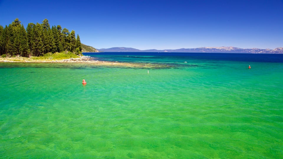 A clear turquoise lake surrounded by dense green forest and distant mountains.