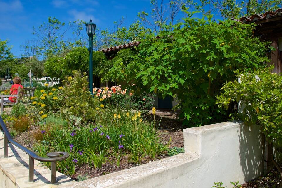 A garden with various plants and flowers, a bench, a street lamp, and a building with a tiled roof.