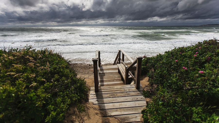 Wooden stairs leading to Crescent Beach, Block Island, Rhode Island, USA