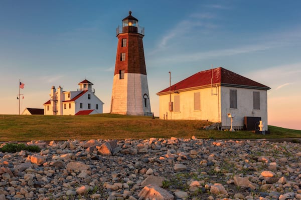 Famous Rhode Island Lighthouse at sunset, Point Judith lighthouse, Rhode Island, USA.