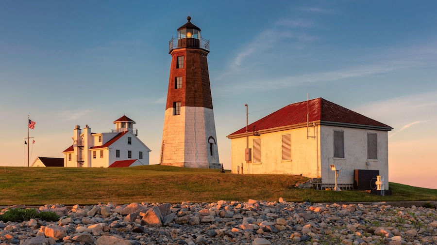 Famous Rhode Island Lighthouse at sunset, Point Judith lighthouse, Rhode Island, USA.