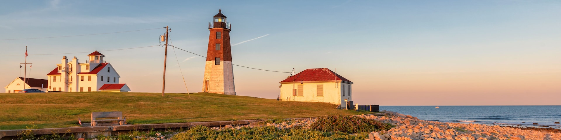 The Point Judith light near Narragansett, Rhode Island, at sunset.
