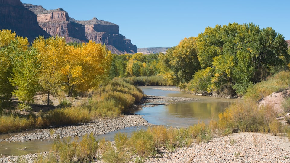 A river winding through a rocky landscape with autumn-colored trees and a canyon in the background.