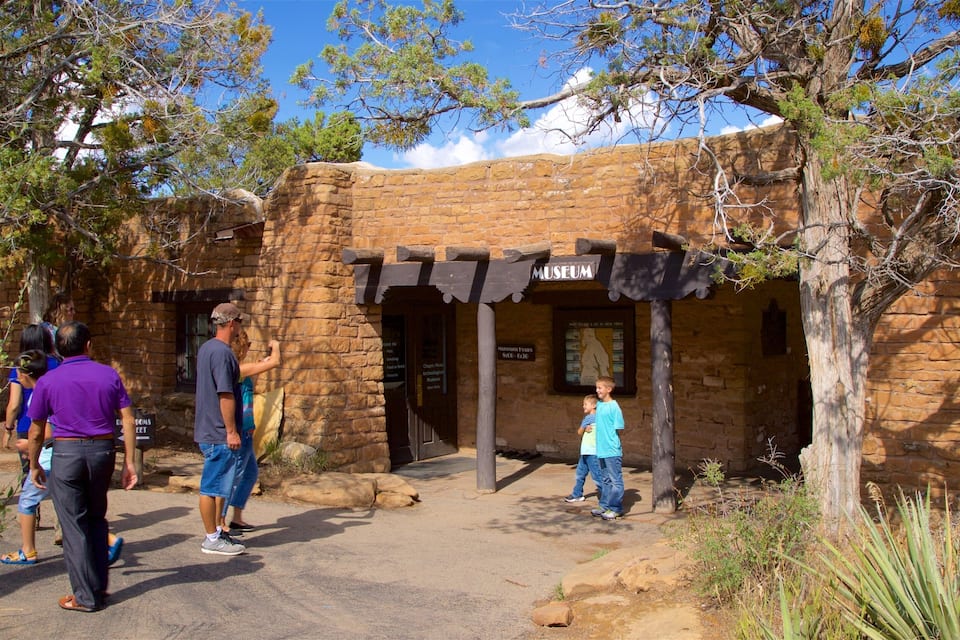 A stone building labeled 'Museum' with a wooden awning, surrounded by trees and a clear sky.