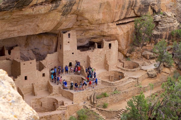 Cliff Palace featuring a ruin and heritage architecture as well as a small group of people