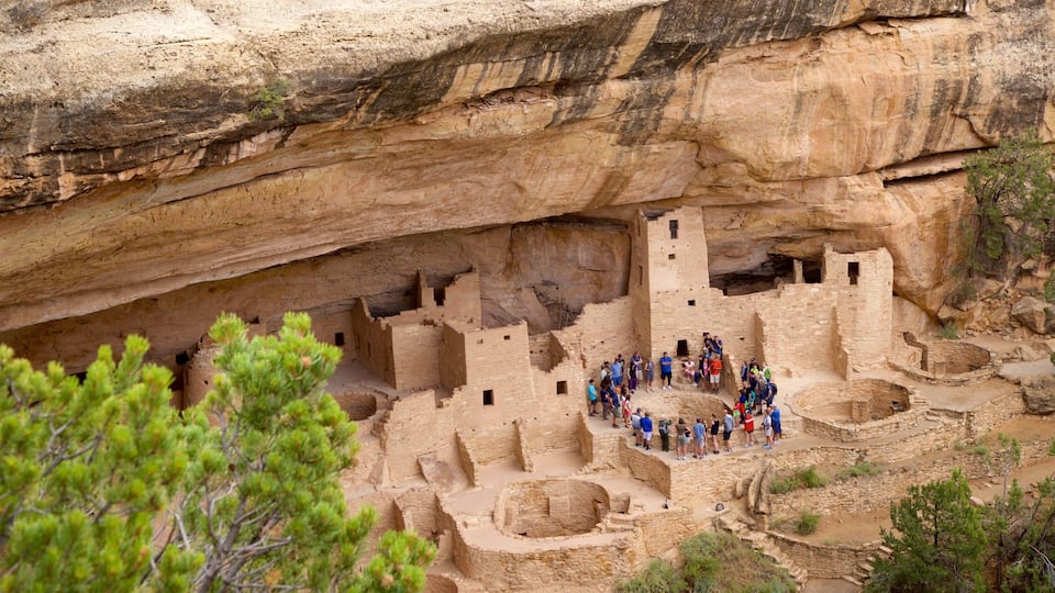 An ancient cliff-side pueblo with multiple kivas and a group of people observing the ruins.