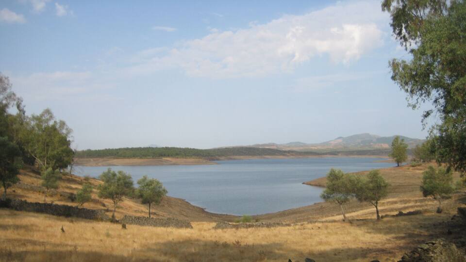 A lake surrounded by dry grassland and sparse trees.
