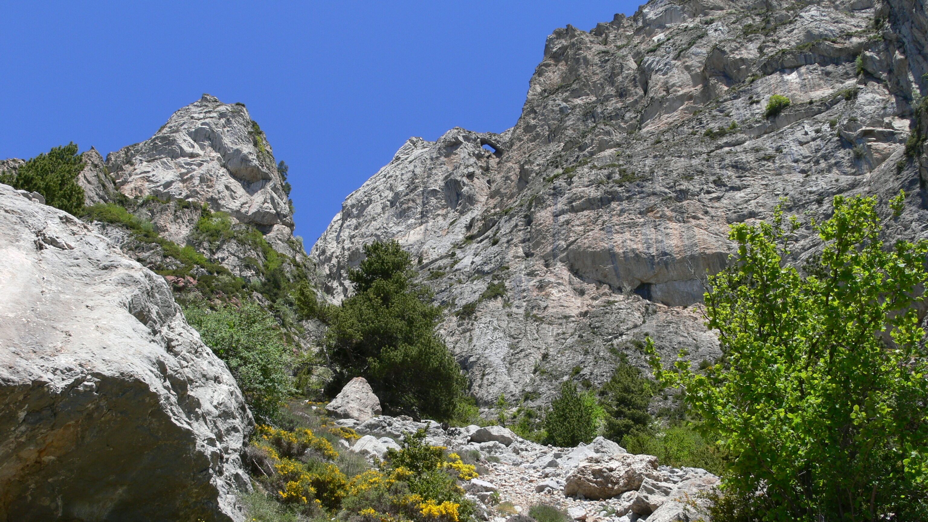 A rocky mountain landscape with sparse vegetation and a clear blue sky.