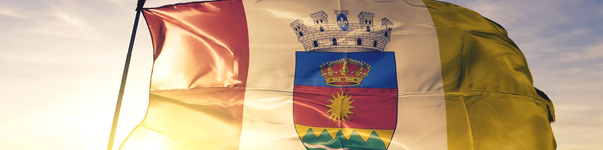 Sobral of Brazil flag waving on the top sunrise mist fog