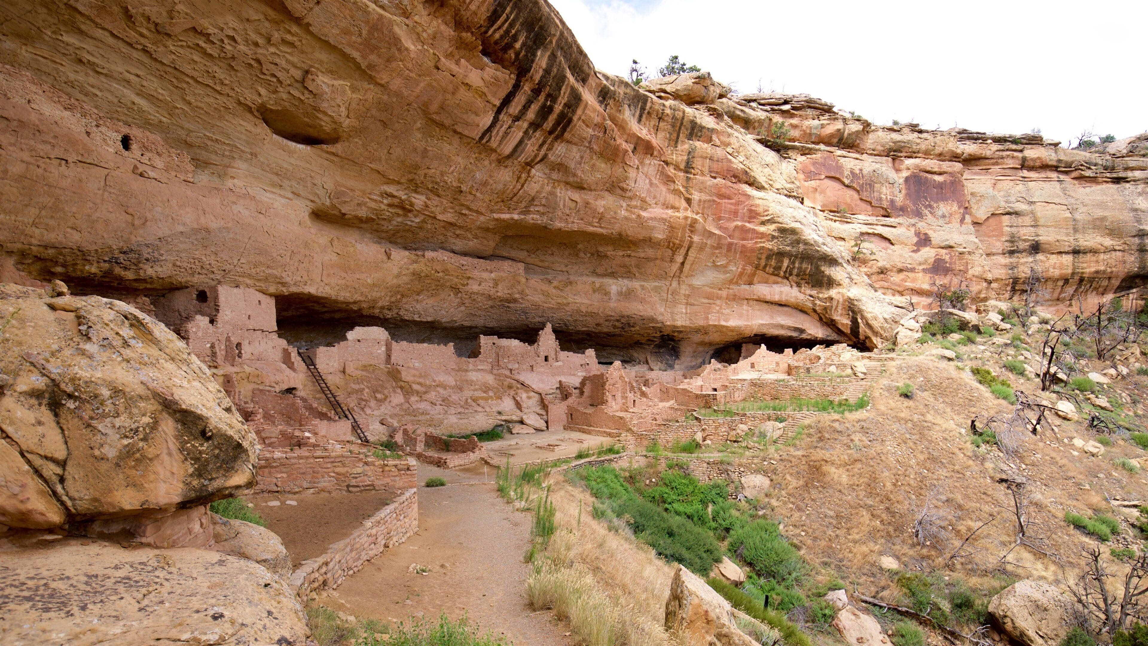A cliff with ancient ruins carved into the rock, a narrow path leading up, and sparse vegetation.