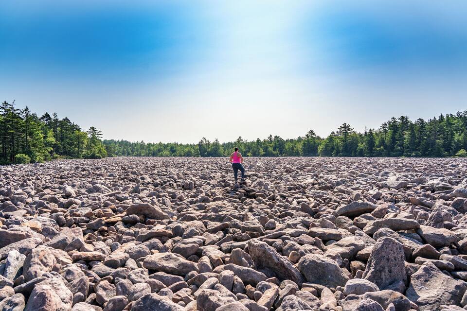 A rocky terrain with a person in a pink shirt standing in the middle.