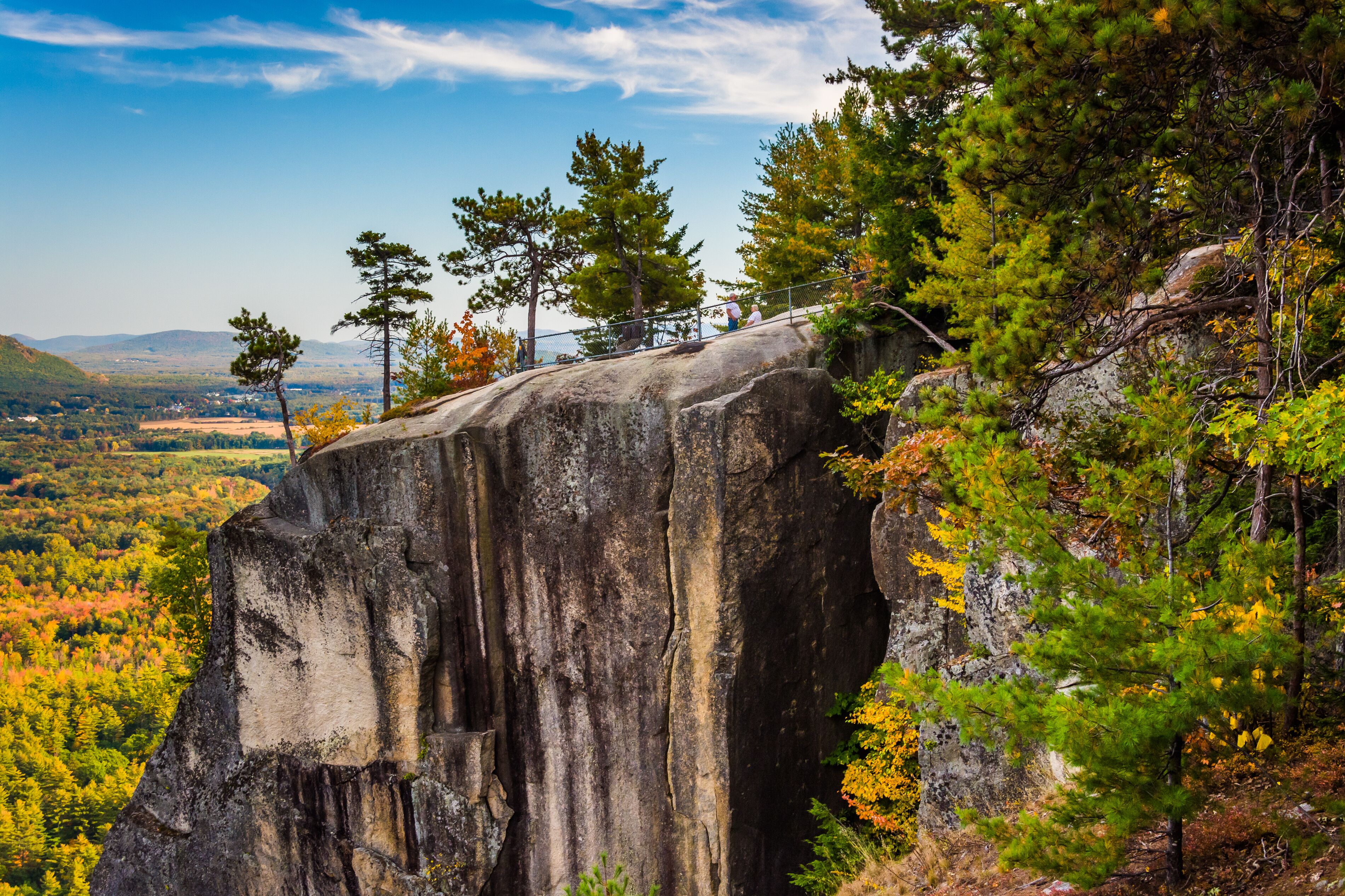 A large rock formation with trees around it.
