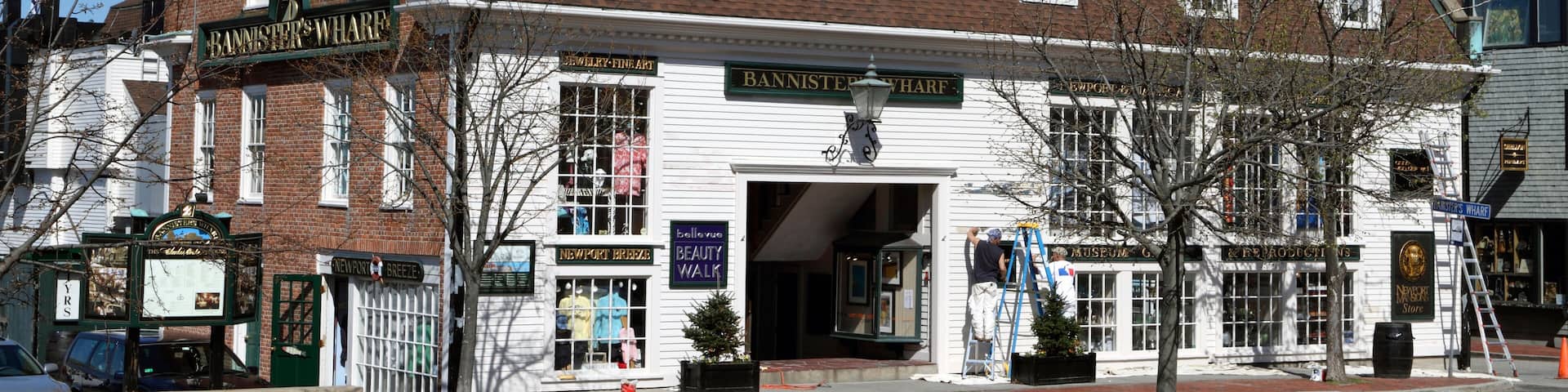 C38EC0 Entrance to which hosts restaurants and shops on the waterfront in Newport, Rhode Island, USA