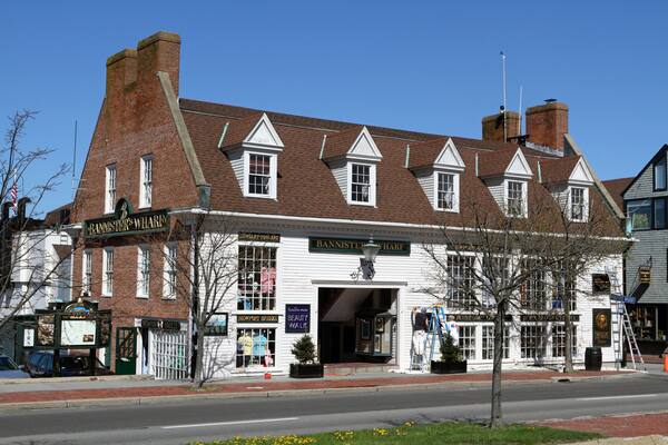 C38EC0 Entrance to which hosts restaurants and shops on the waterfront in Newport, Rhode Island, USA