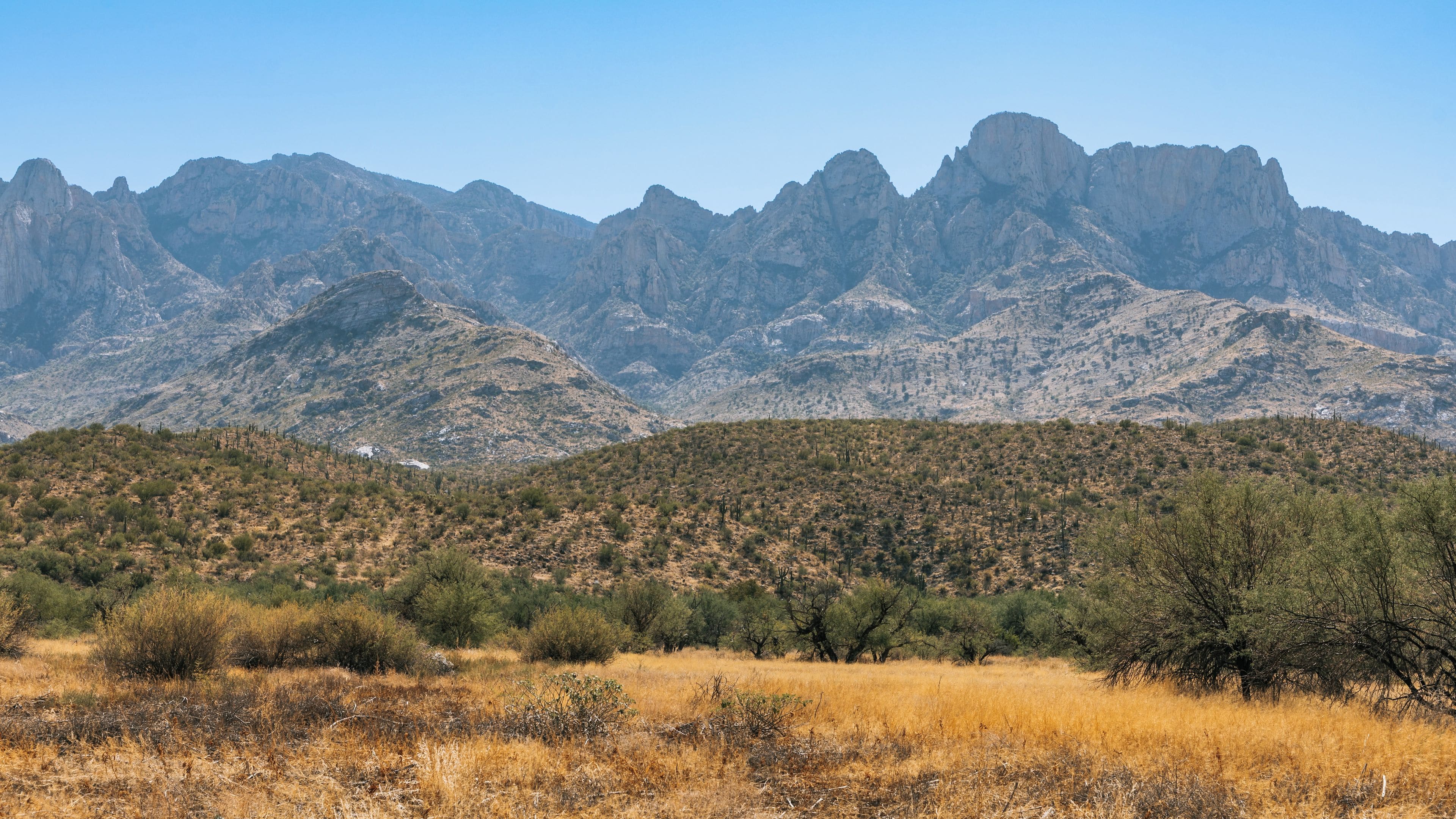 A mountainous landscape with sparse vegetation and dry grass.