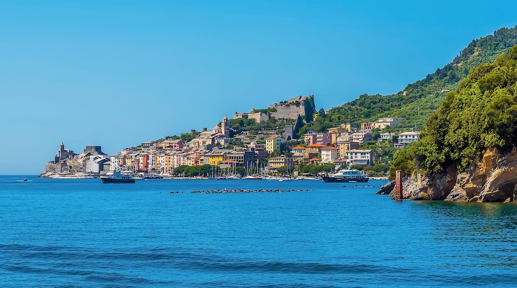 A view from the sea towards Porto Venere, Italy in the summertime