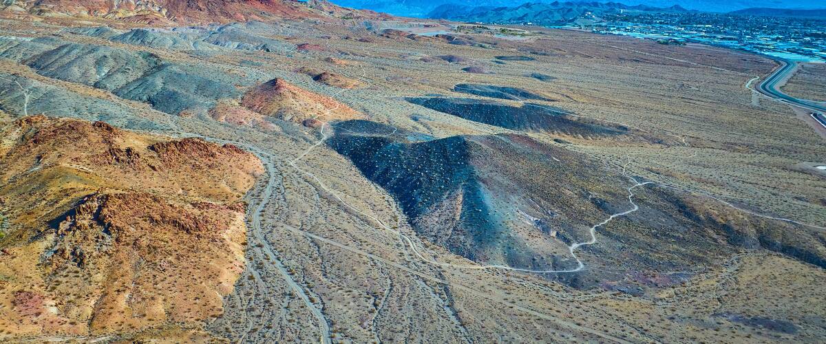Aerial of Rugged Desert Mountains and Trails in Nevada