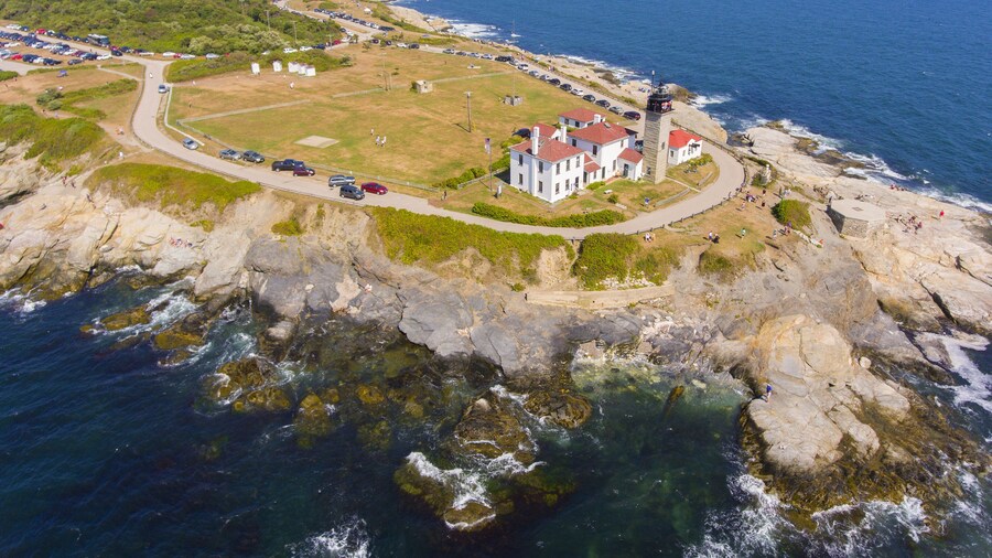Beavertail Lighthouse in Beavertail State Park aerial view in summer, Jamestown, Rhode Island RI, USA. This lighthouse, built in 1856, at the entrance to Narragansett Bay on Conanicut Island.