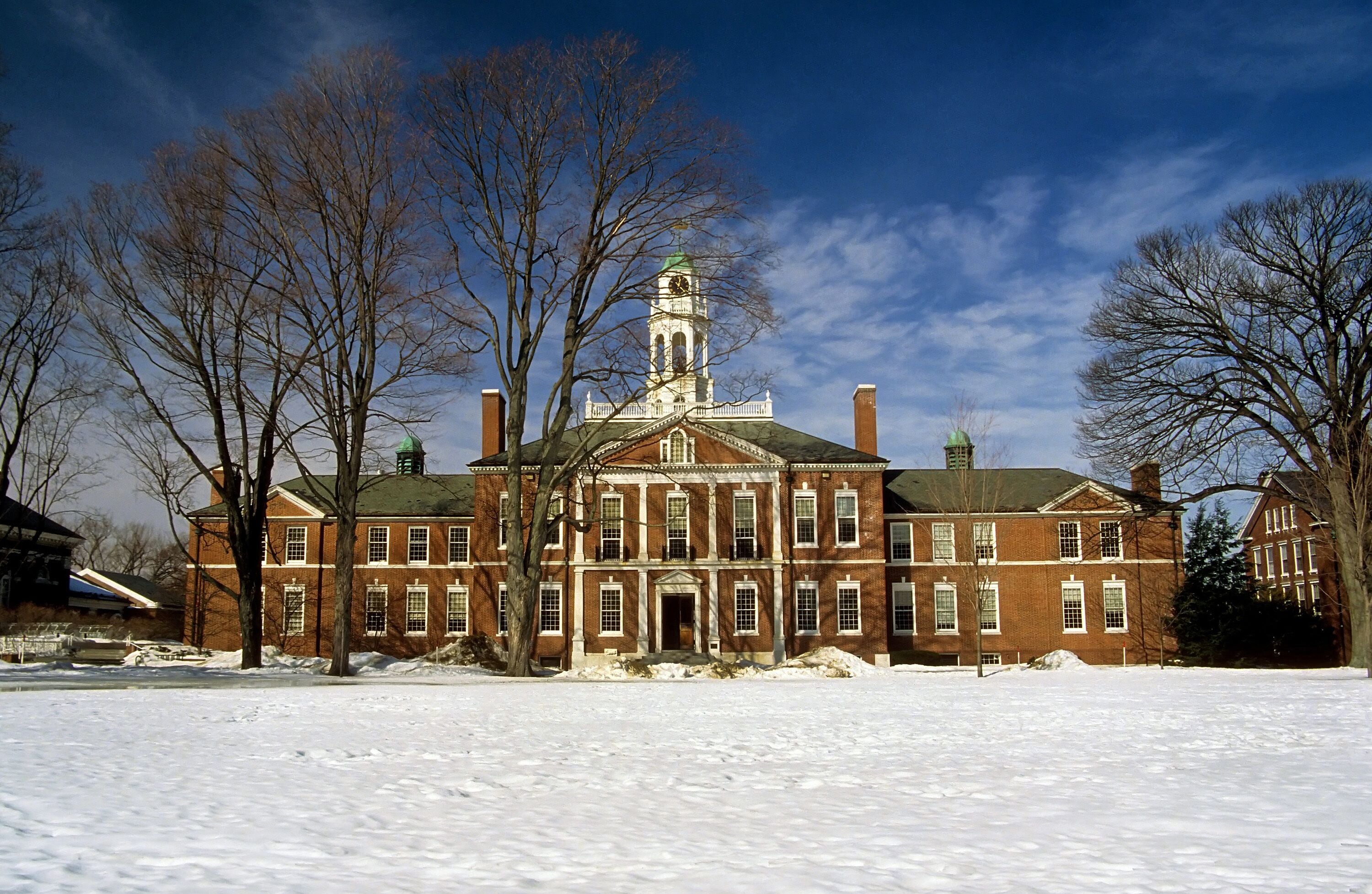 The facade of the Baker Library at Dartmouth College in Hanover NH in winter. Dartmouth  is one of the top ten Ivy League colleges in the USA and one of the original Indian  Schools