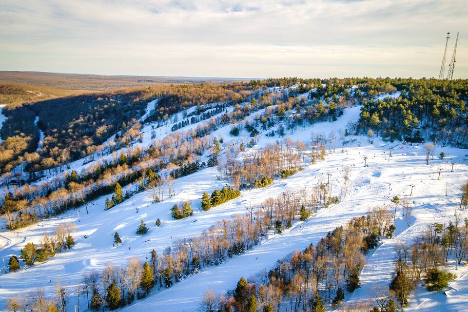 A snow-covered ski slope with trees and a distant power line tower.